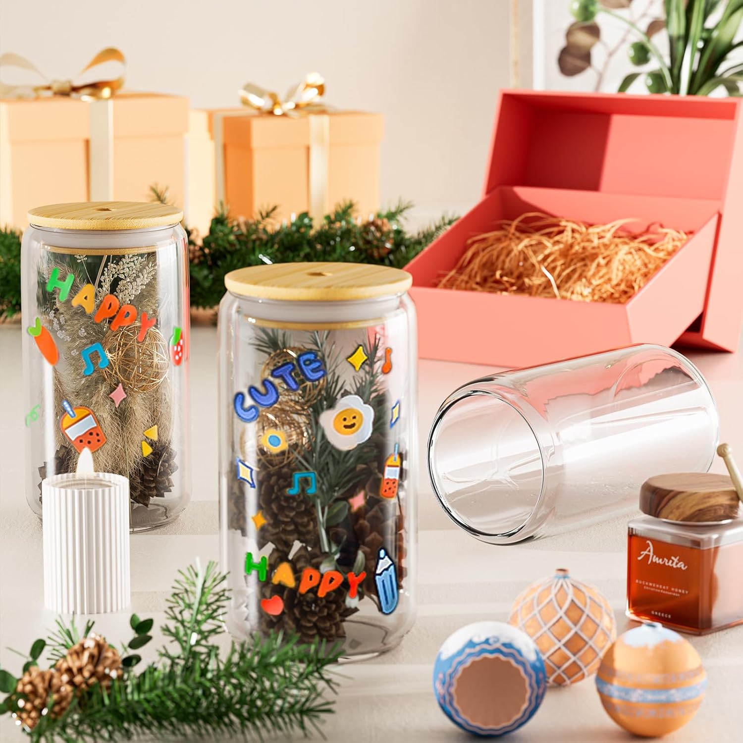 12Pcs Glass Cups with Lids and Straws - 16oz Can Shaped Drinking Glasses Set  Iced Coffee Cup  Beer Glasses Tumbler for Juice  Soda  Smoothie  Boba Tea  Whiskey  Cocktail Include 2 Cleaning Brushes