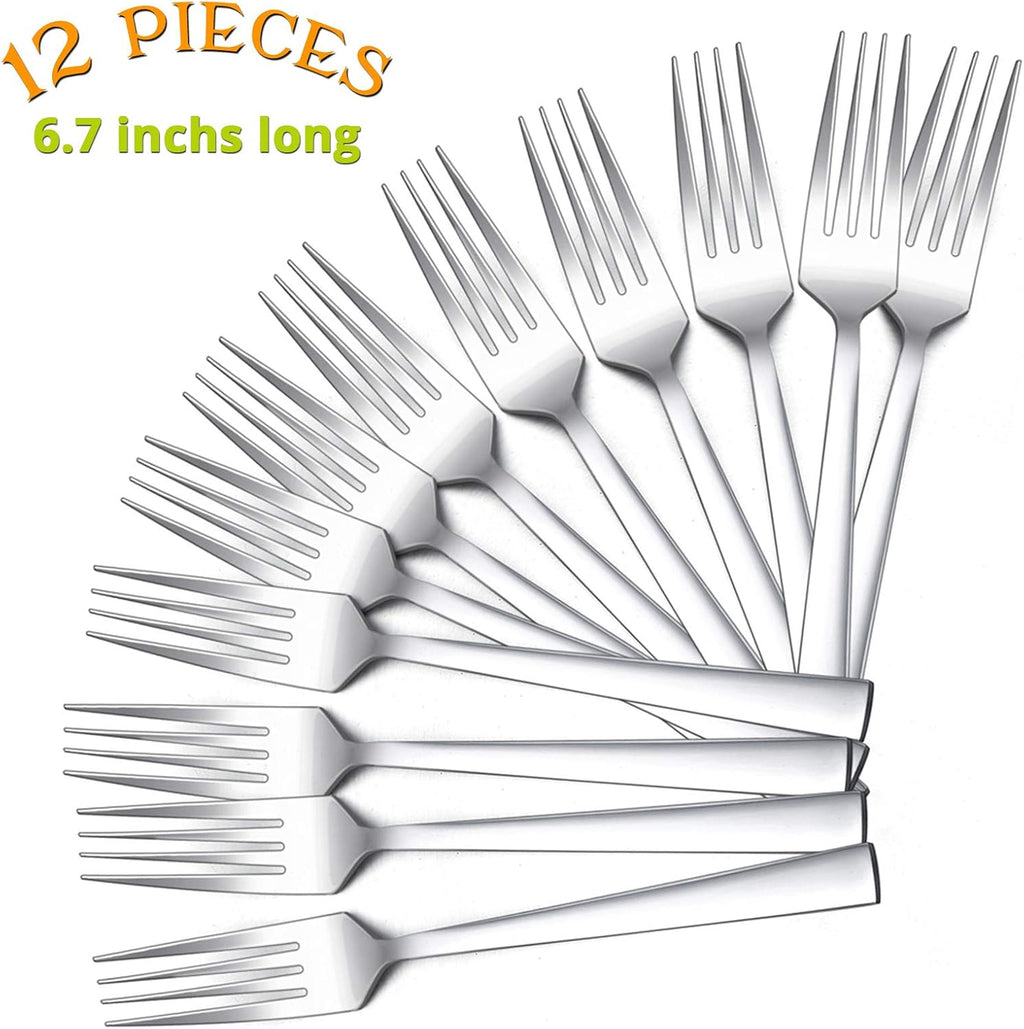 Salad Forks Set of 12  E-far 6.7 Inch Stainless Steel Dessert Forks for Home  Kitchen or Restaurant  Non-toxic & Mirror Polished  Squared Edge & Dishwasher Safe