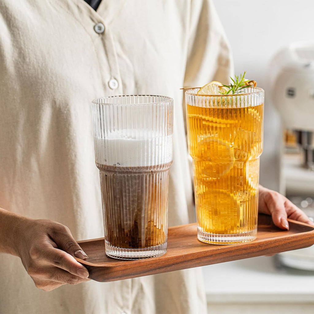 INSETLAN 20 oz Ribbed Glass Tumblers with Lids and Glass Straws – 4-Piece Glassware Set  Thickened Wall  Ideal for Iced Coffee  Smoothies  Cocktails  and Juices – Elegant and Durable Drinkware