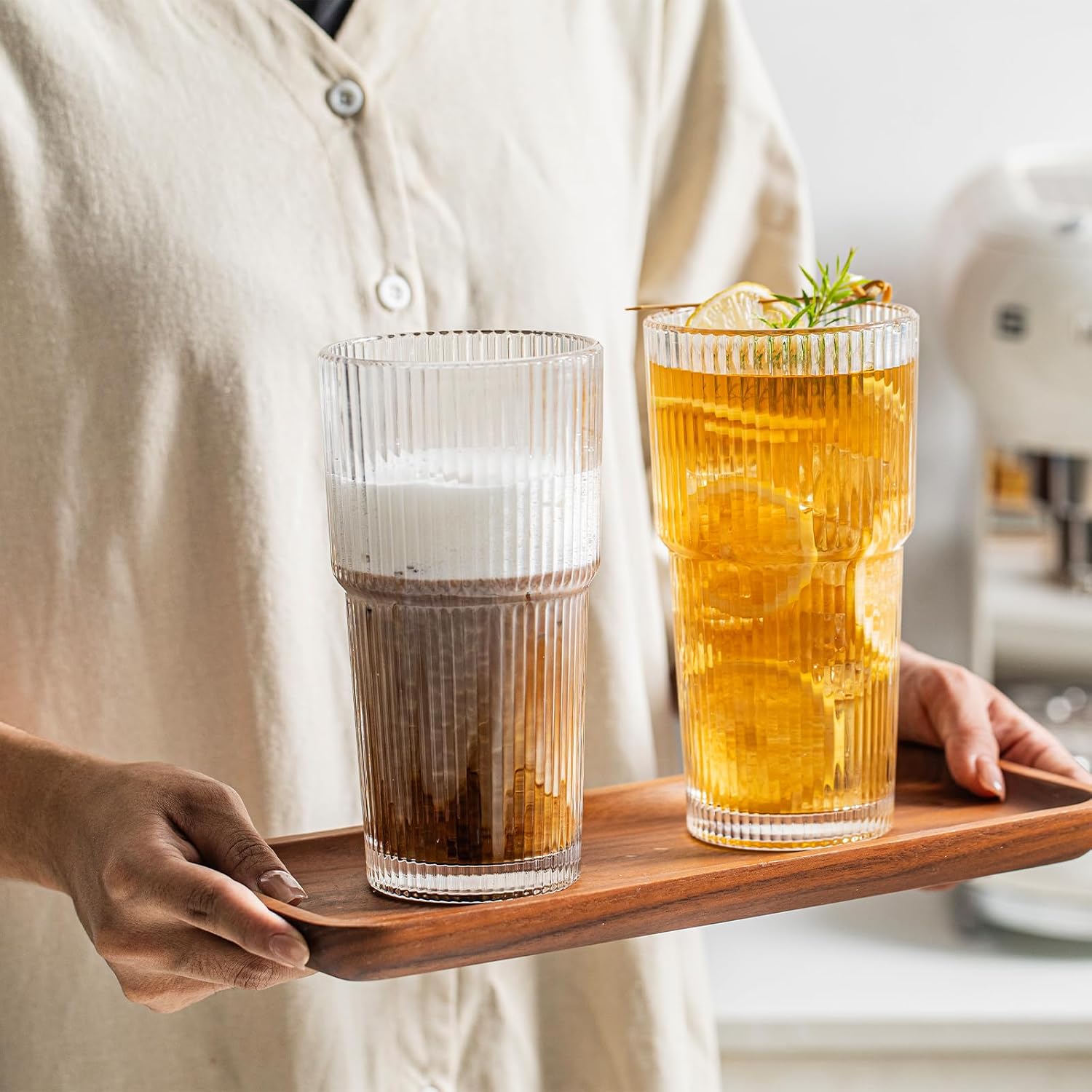 INSETLAN 20 oz Ribbed Glass Tumblers with Lids and Glass Straws – 4-Piece Glassware Set  Thickened Wall  Ideal for Iced Coffee  Smoothies  Cocktails  and Juices – Elegant and Durable Drinkware