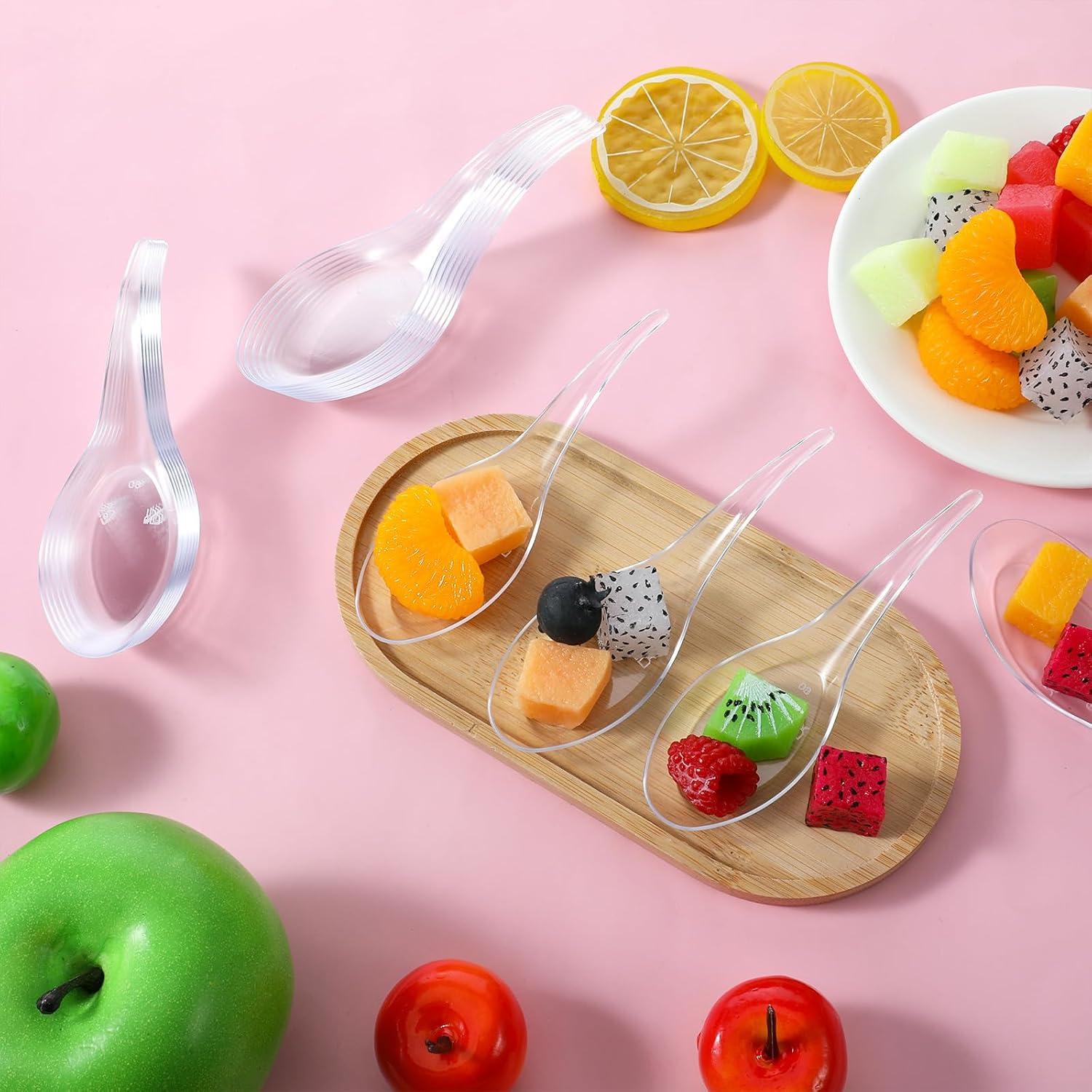 SHENLIU 400 Plastic Appetizer Spoons  Disposable Tasting Spoons for Desserts  Pudding  Soups  Sushi  Dipping Sauces  Plastic Mini Tasting Desserts Ice Cream Sample Spoon Bulk  Clear Appetizer Plates