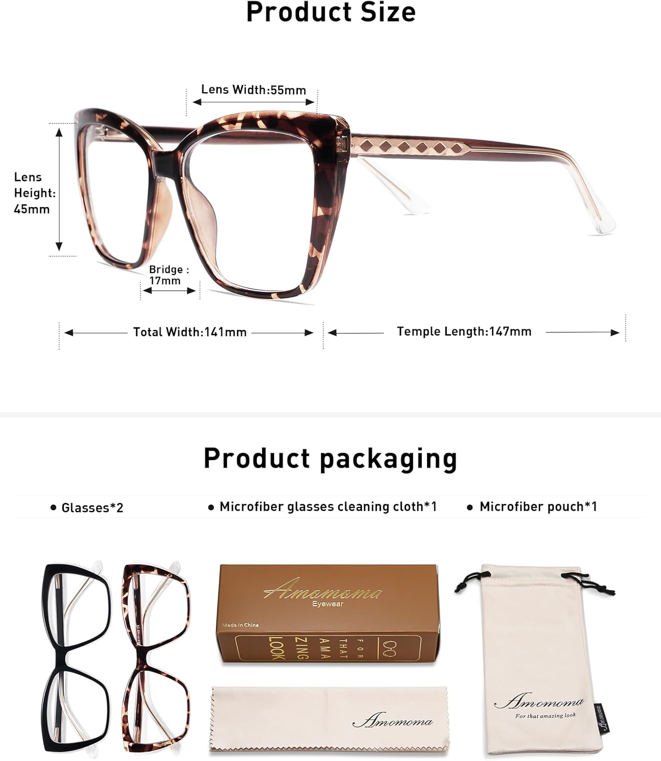 AMOMOMA Trendy TR90 Oversized Blue Light Reading Glasses Women Stylish Square Cat Eye Glasses AM6031