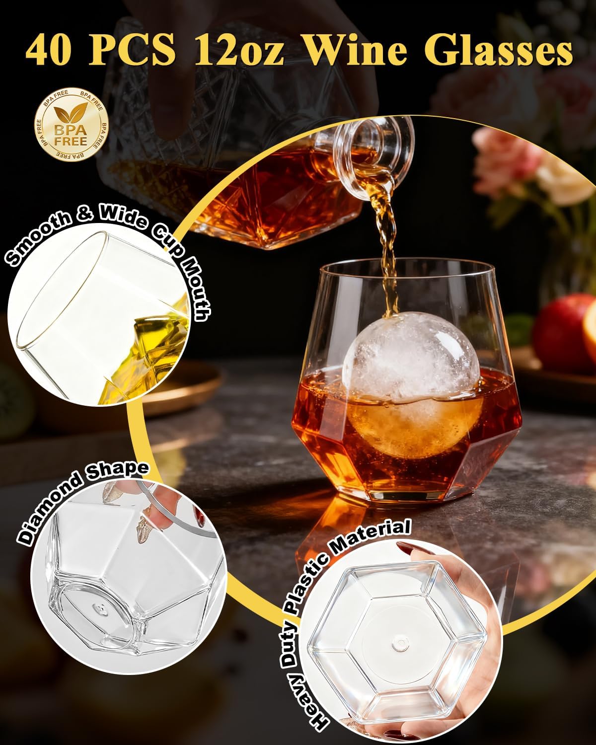 BESTSTAR 40 PCS Clear 12 Oz Plastic Wine Whiskey Glasses  Diamond Stemless Unbreakable Disposable Wine Glasses for Parties  Ideal for Weddings  Christmas  Halloween Holidays pool party Daily Use