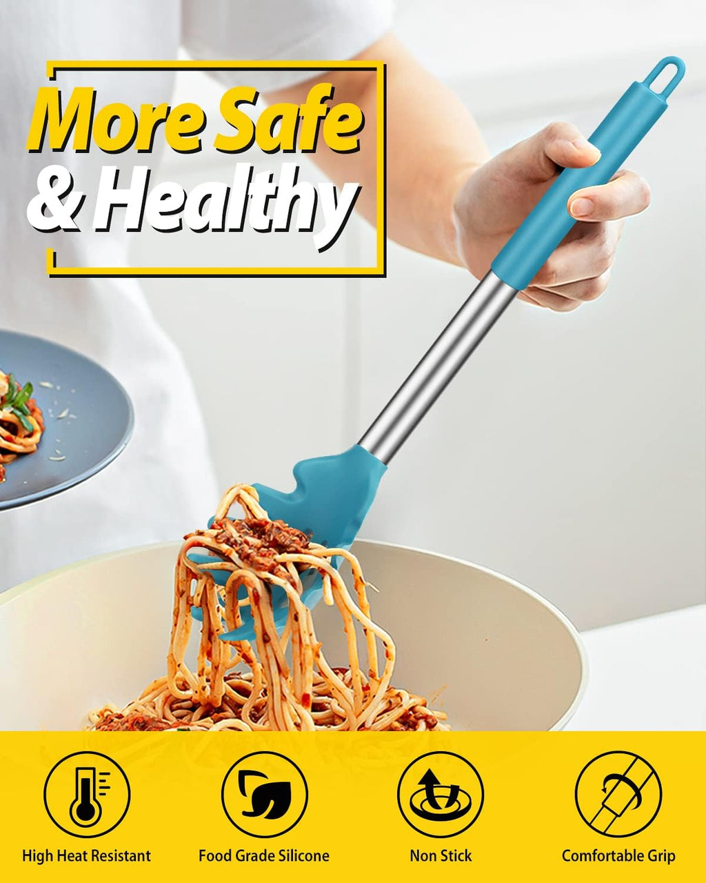 Silicone Pasta Fork and Ladle Spoon Set  Large Non Stick Kitchen Utensils for Cooking Stirring Serving Spaghetti  Soup  Sauce (BLUE)