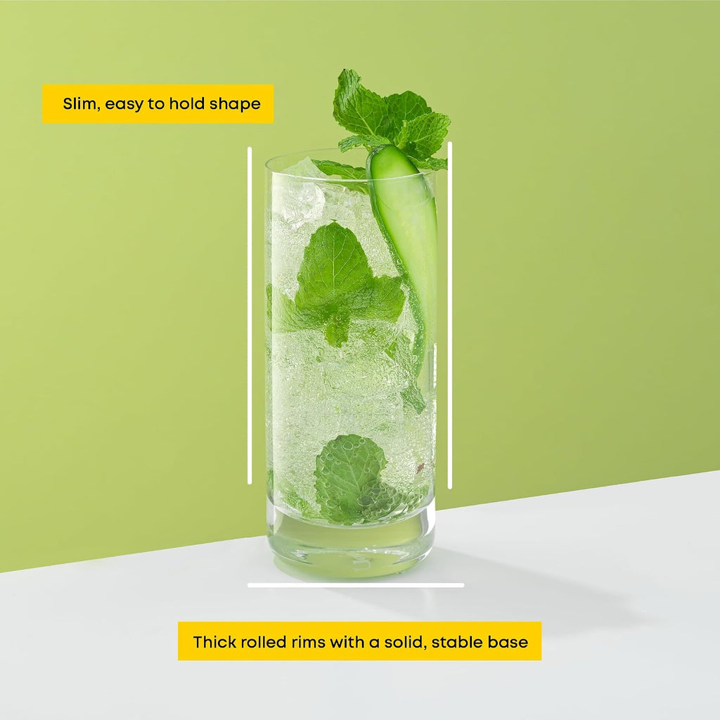 JoyJolt Faye 13oz Highball Glasses  6pc Tall Glass Sets. Lead-Free Crystal Drinking Glasses. Water Glasses  Mojito Glass Cups  Tom Collins Bar Glassware  and Mixed Drink Cocktail Glass Set