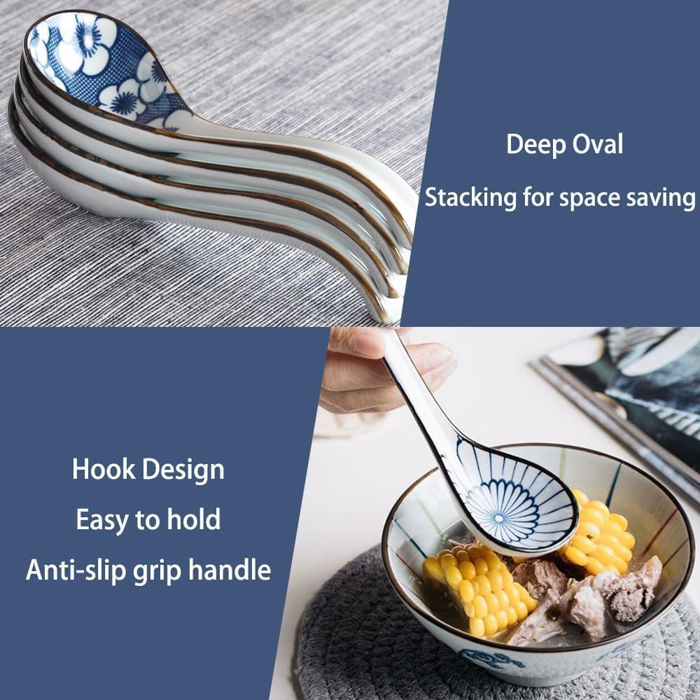 5pcs Asian Soup Spoon  Ceramic Chinese Soup Spoons  Deep Oval Hook Non-slip Japanese Spoons for Rice Ramen Pho Miso Soup Wonton Noodle  Luck and Prosperity Gifts for Friends Parents Family