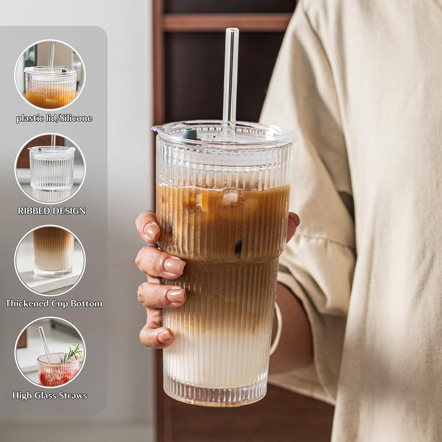 INSETLAN 20 oz Ribbed Glass Tumblers with Lids and Glass Straws – 4-Piece Glassware Set  Thickened Wall  Ideal for Iced Coffee  Smoothies  Cocktails  and Juices – Elegant and Durable Drinkware