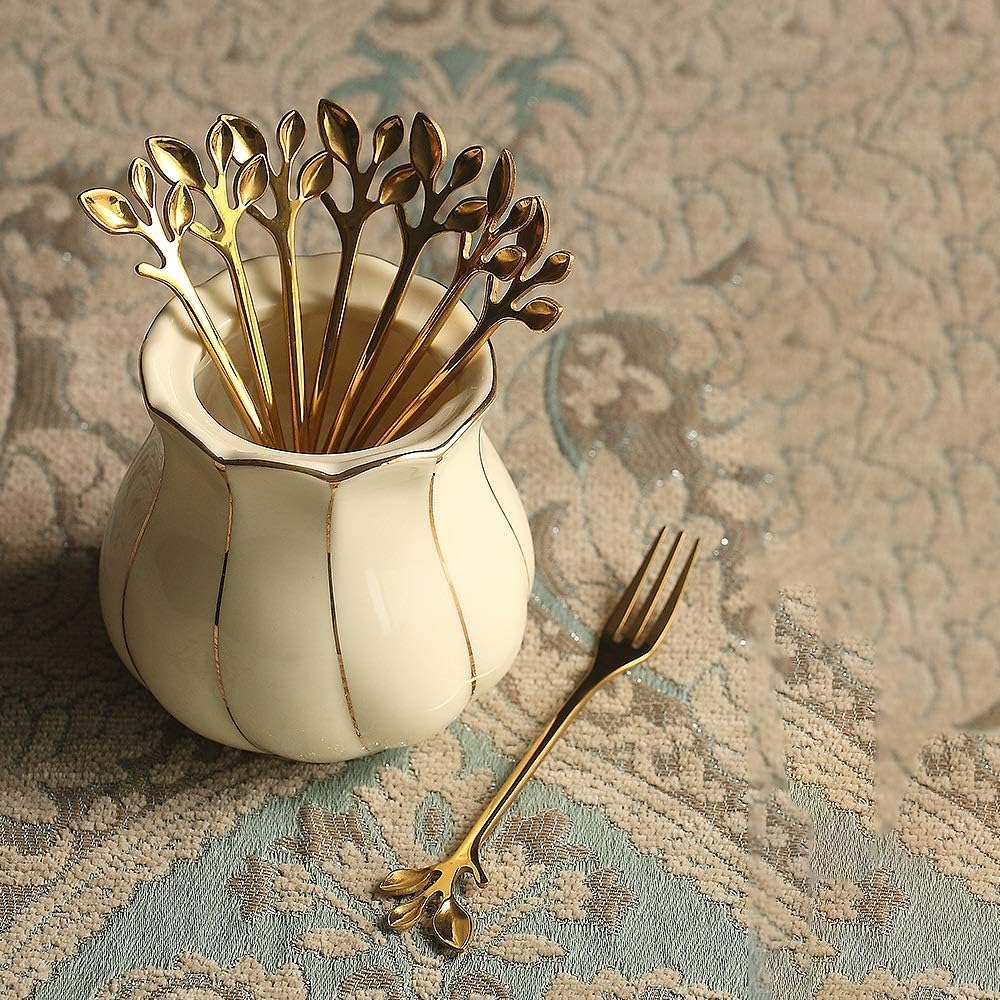 AnSaw 10-Piece Gold Mini Leaf Dessert Forks Set - 4.7" Elegant Stainless Steel Fruit  Appetizer  Cake & Salad Forks - Perfect for Cocktail Parties & Home Use