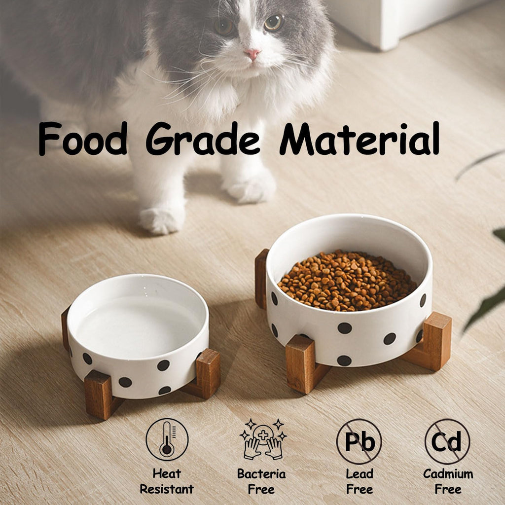 Petygooing Ceramic Dog Bowl Set with Stand  Small Pet Bowls  Anti-Slip Cat & Dog Food and Water Bowl Set (13.5OZ/5.1 in) Black Dot