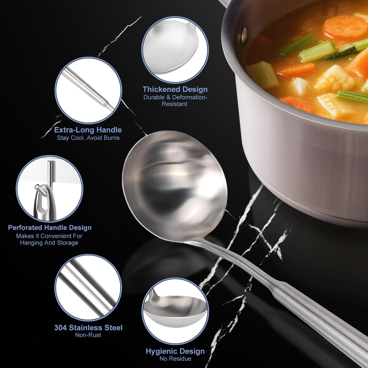 HOTEC Stainless Steel Soup Ladle Spoon 13.7" – Kitchen Ladle for Cooking and Serving  One-Piece 304 Stainless Steel Serving Spoon for Soup  Stew  Gravy  Broth