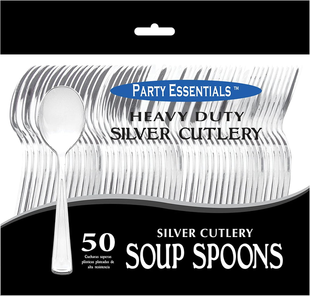Party Essentials Disposable Plastic Cutlery/Heavy-Duty Flatware/Silverware for All Events  50-Count  Shiny Silver Soup Spoons