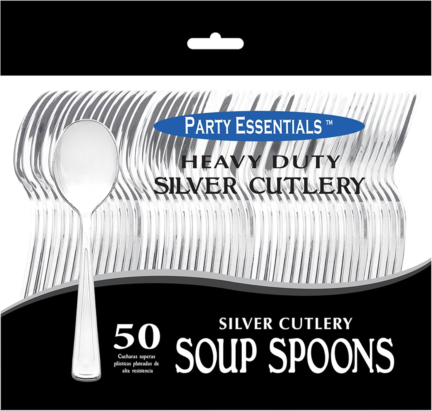 Party Essentials Disposable Plastic Cutlery/Heavy-Duty Flatware/Silverware for All Events  50-Count  Shiny Silver Soup Spoons