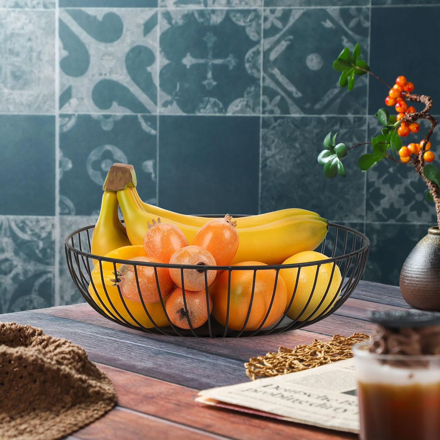 IBWell Black Wire Fruit Basket Fruit Bowl Kitchen Fruit Basket Stand Fruit Bowls for the Counters Metal Fruit Bowl (Exposure)
