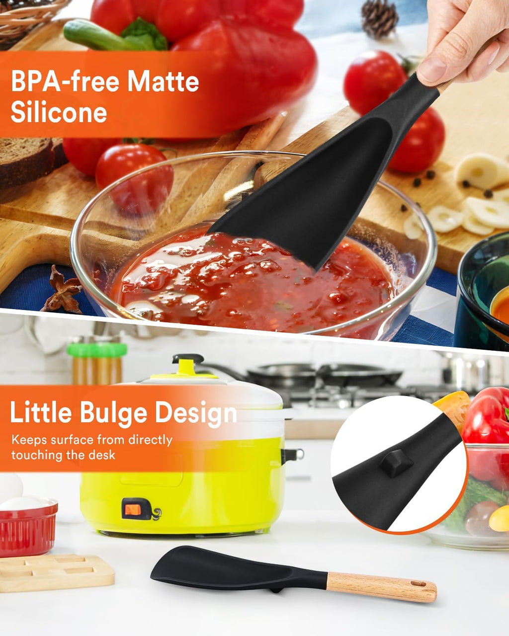 Cooking Spoon for Nonstick Cookwares  Great for Cooking and Serving Sturdy BPA-Free Matte Silicone  Wood Handle Spoon for Mixing  Scoop  and Scrape (BLACK  11.4 inch)