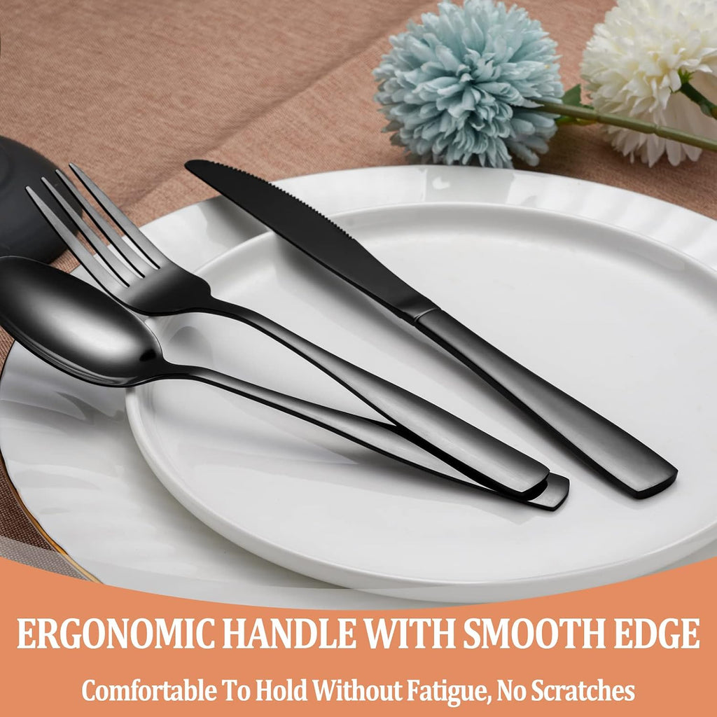 20 Pcs Black Silverware Set  Food-Grade Stainless Steel Flatware Set for 4  Square Cutlery Set  Mirror Polished Tableware Eating Utensils Set for Kitchen  Include Knife Fork Spoon Set Dishwasher Safe