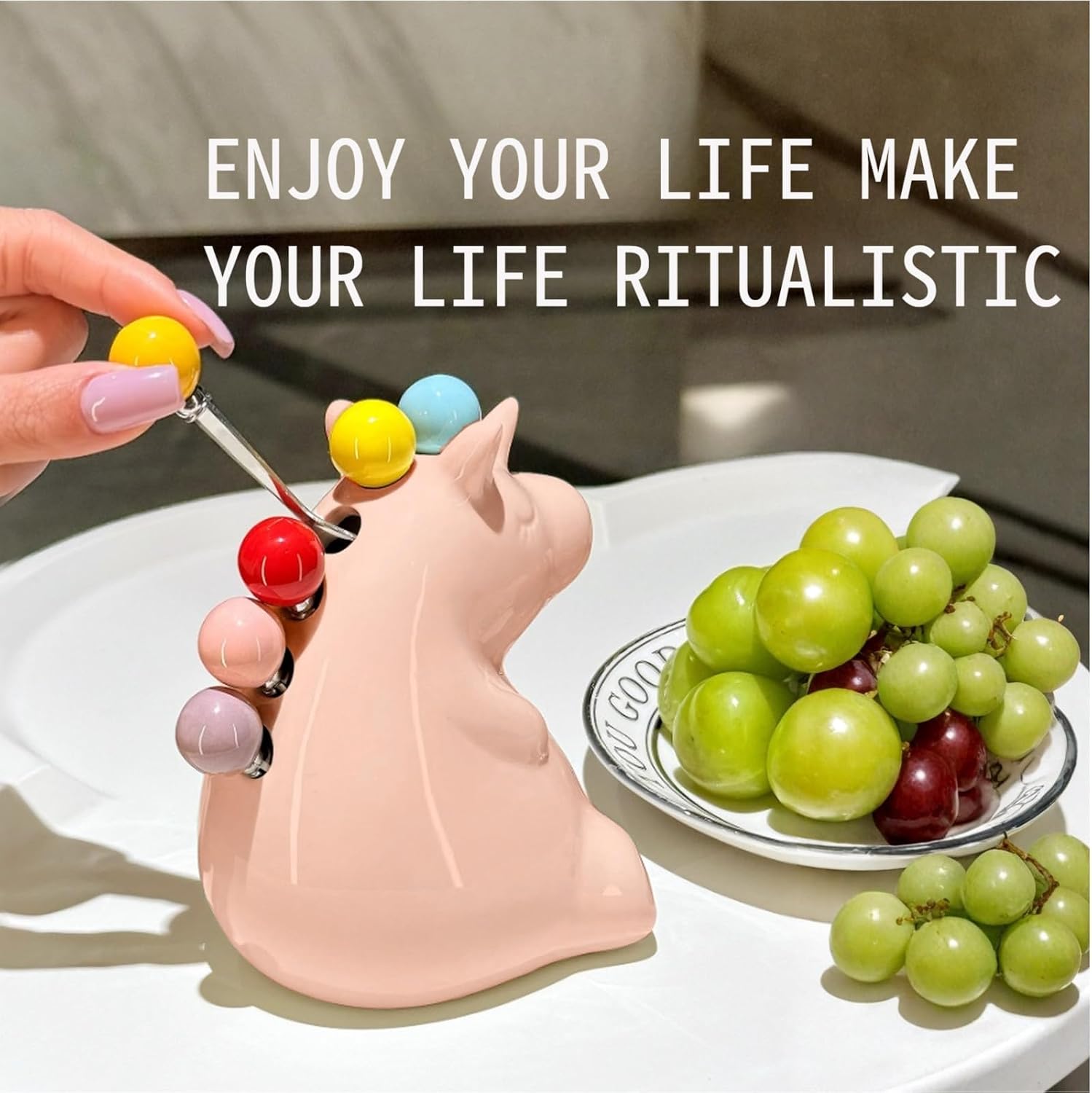 6 Stainless Fruit Fork with Holder Stainless Steel and Porcelain Pink Unicorn Holder Cute Cartoon Exterior Suitable for Fruit&Desserts&Salads 10 Centimeters/3.9 inches (White)