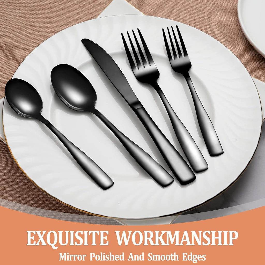 20 Pcs Black Silverware Set  Food-Grade Stainless Steel Flatware Set for 4  Square Cutlery Set  Mirror Polished Tableware Eating Utensils Set for Kitchen  Include Knife Fork Spoon Set Dishwasher Safe