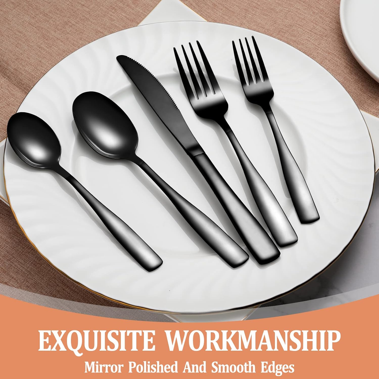 20 Pcs Black Silverware Set  Food-Grade Stainless Steel Flatware Set for 4  Square Cutlery Set  Mirror Polished Tableware Eating Utensils Set for Kitchen  Include Knife Fork Spoon Set Dishwasher Safe