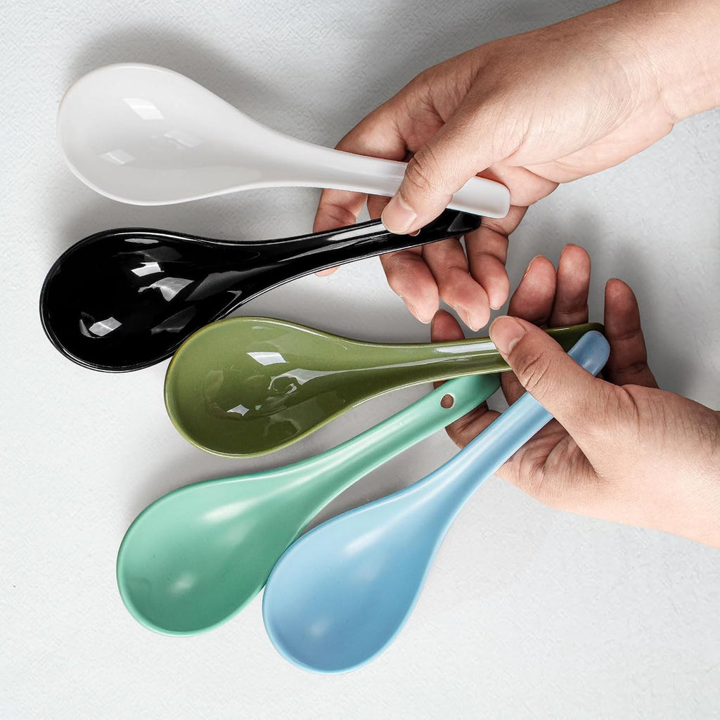 Artena Bright White 6.75 inch Asian Soup Spoons Set of 6  Ultra-fine Porcelain Tablespoon  Chinese/Japanese Kitchen Soup Spoons for Cereal  Ramen Pho - Deep Oval Hook Design
