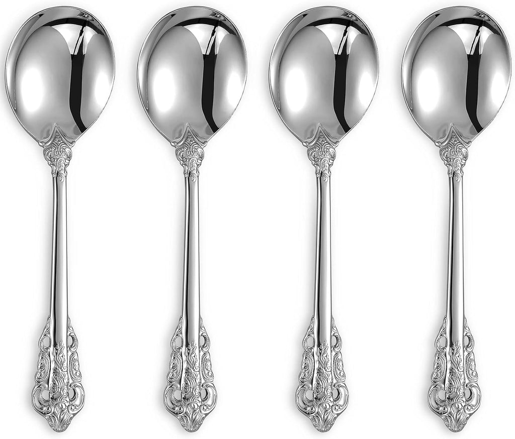 KEAWELL Gorgeous Round Soup Spoon  Set of 4  18/10 Stainless Steel  Luxury Bouillon Spoon  Dishwasher Safe  Fine Mirror Polished (Silver)
