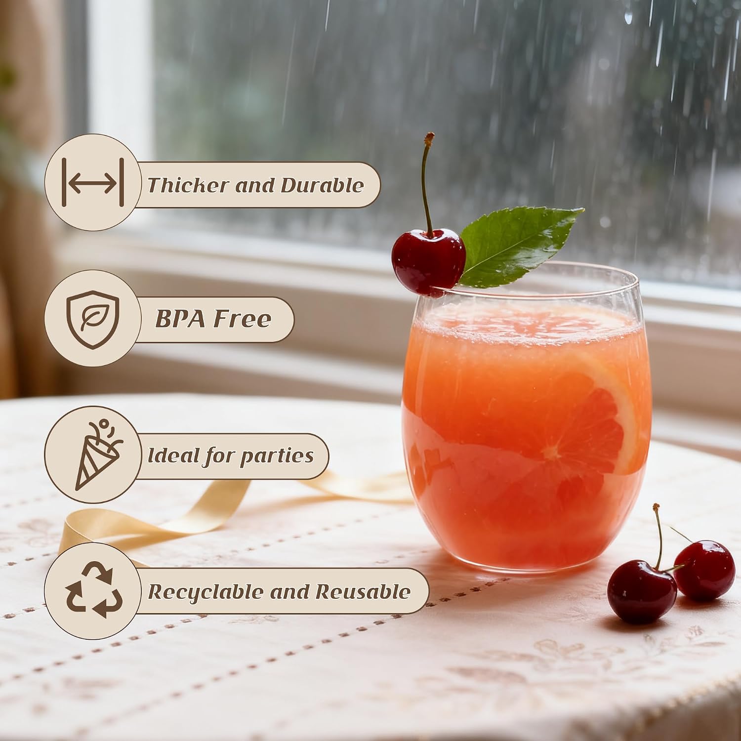 24 Pack 12oz Plastic Stemless Wine Glasses  Disposable Clear Wine Cups - Shatterproof  Unbreakable & BPA-Free  Recyclable Drinkware for Wedding Reception  Birthday Party  New Year  Holidays & Events
