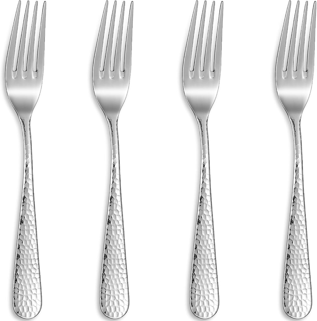 KEAWELL Premium 4-Piece Louise Hammered Fork Set  18/10 Stainless Steel  Fine Fork Set with Round Edge  Brightly-Mirror polished  Dishwasher Safe. (4  8" Dinner Forks)