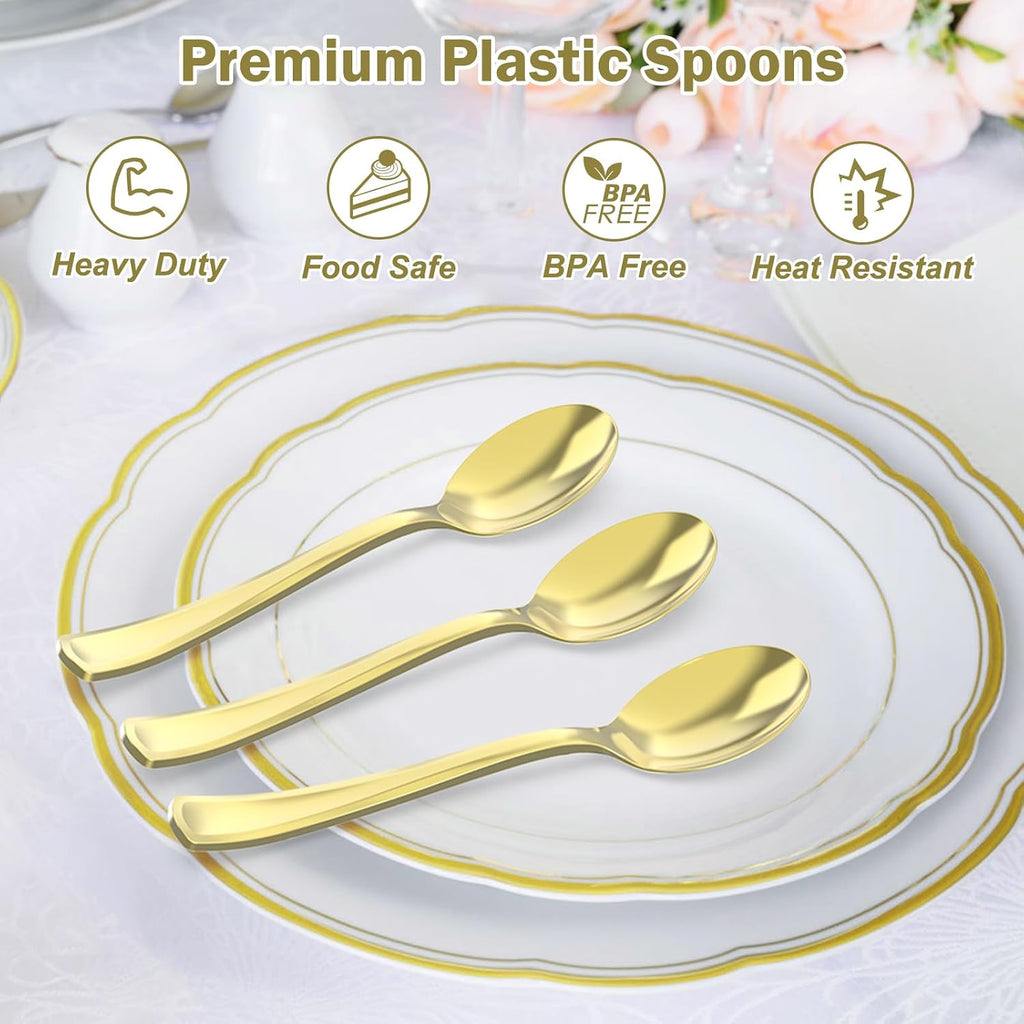 100 Count Heavy Duty Gold Plastic Spoons Disposable  BPA-Free  Heat Resistant  Solid and Durable Premium Plastic Disposable Spoons for Party Supply