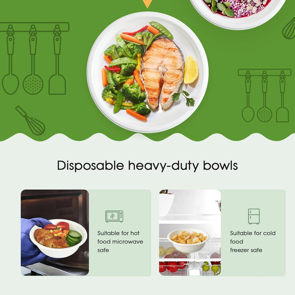 ECOLipak 150 Pack 12 oz Paper Bowls Disposable  Heavy-Duty Biodegradable Compostable Bowls Made of Natural Sugarcane Bagasse  Suitable for Salad  Dessert  Milk  Cereals