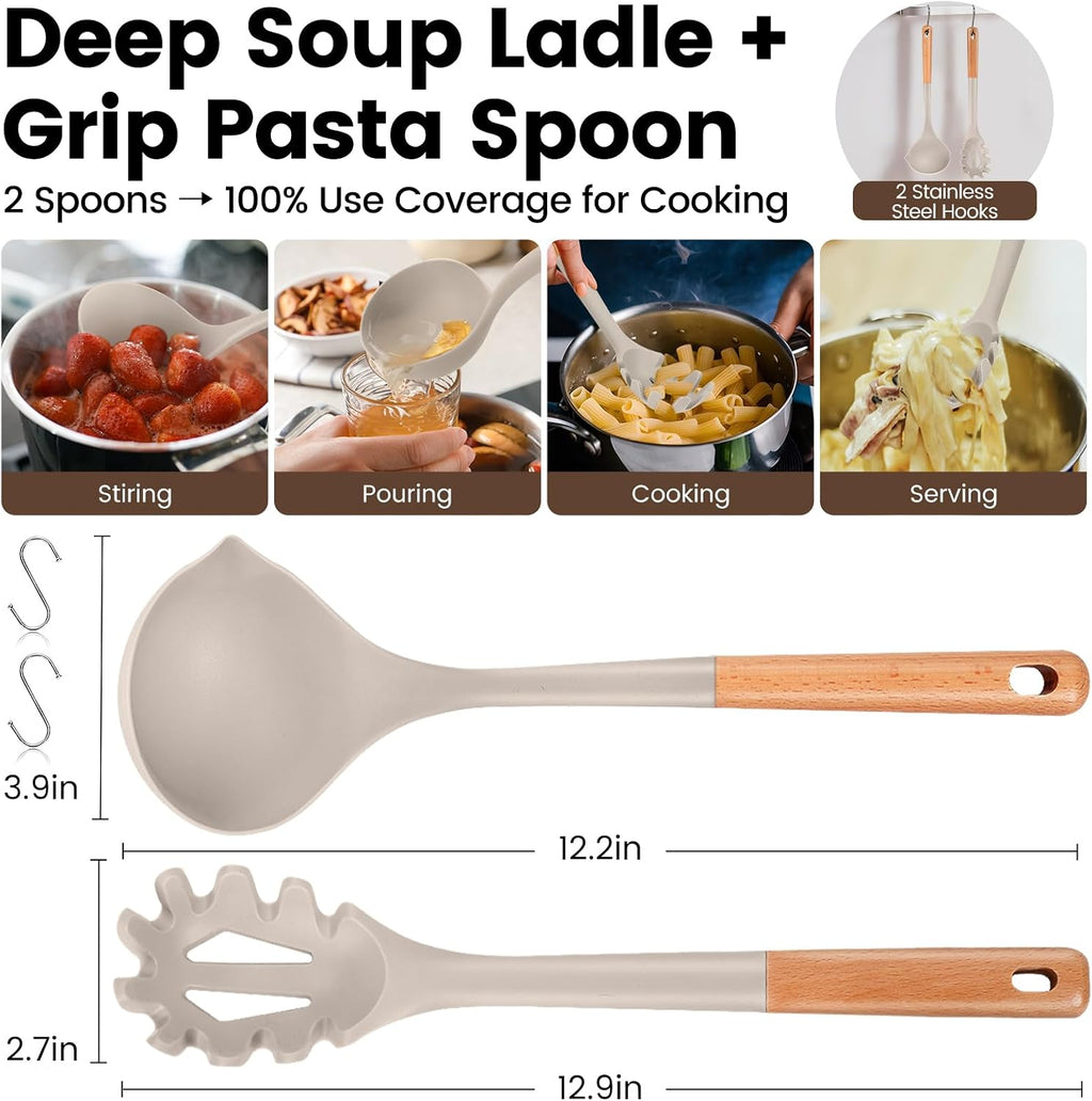 Silicone Soup Ladle Spoon  Kitchen Soup Cooking Spoons Set  Large Spaghetti spoon  Nonstick Pasta Spoon  Heat Resistant Pasta Fork for Serving Soup  Noodle  Sauce