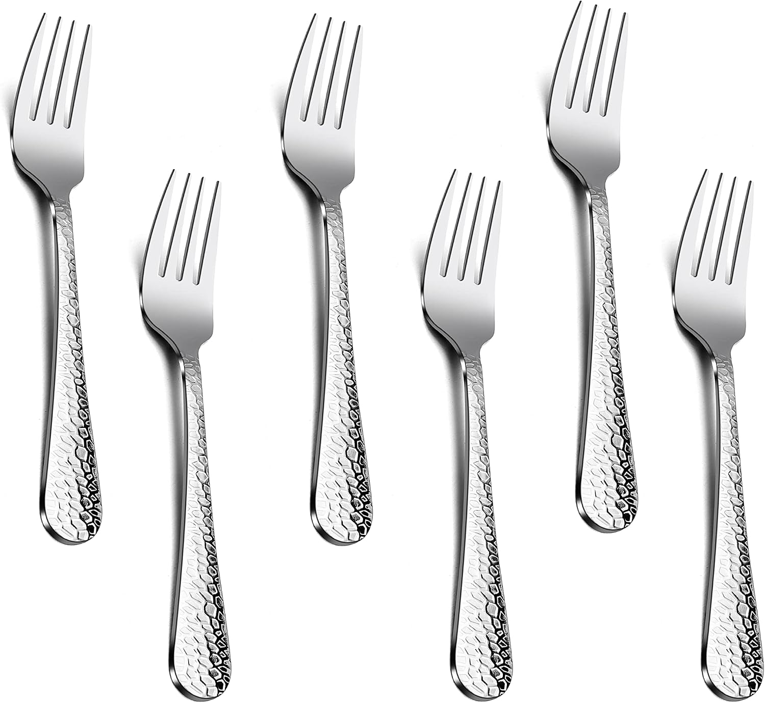 Hammered Salad Forks Set of 6  E-far Stainless Steel Appetizer Dessert Forks  Silverware Flatware Small Forks  Mirror Finish  Dishwasher Safe - 6.7 Inches