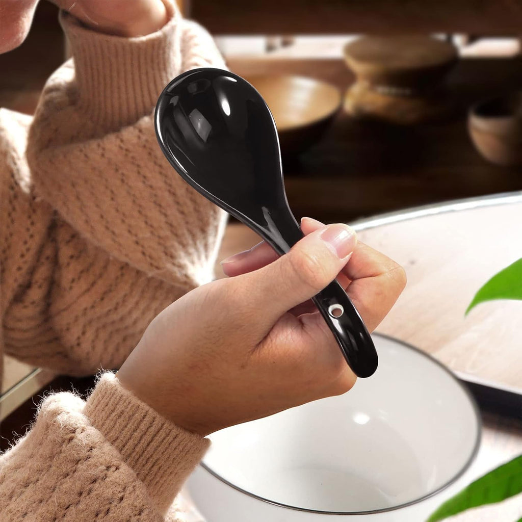 Black Ceramic Soup Spoons Set  6.75 inch Deep Oval Hook Design  Dishwasher Safe - Perfect for Ramen  Pho  Noodles  Stews  Wonton  Dumpling  Miso