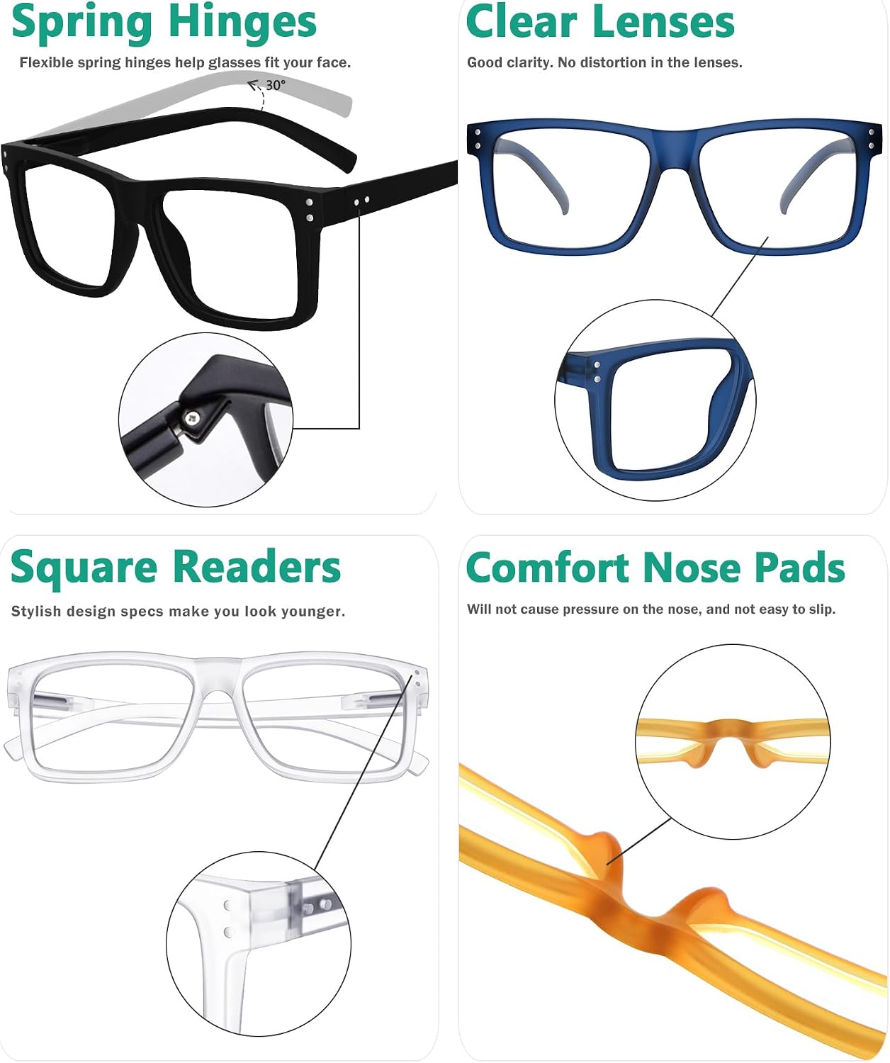 Eyekepper 5-pack Oversized Reading Glasses Square Large Frame Readers for Men and Women +1.50