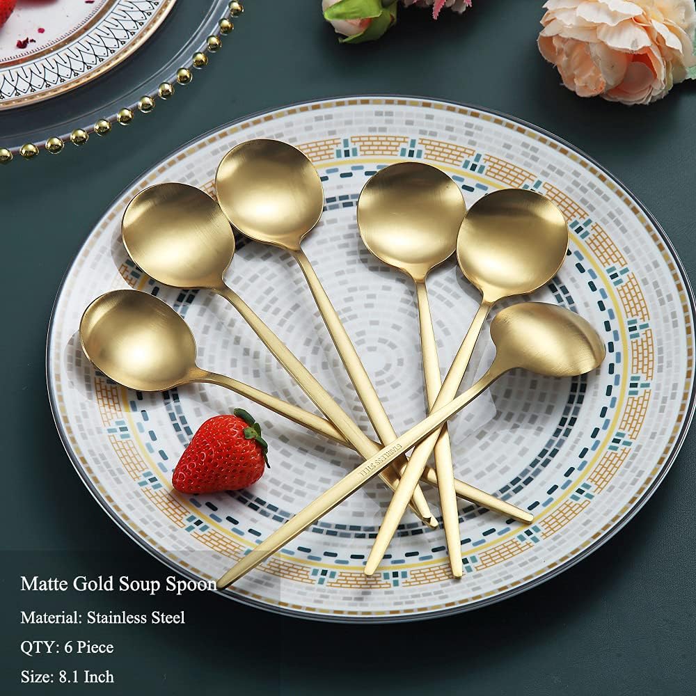 Matt Gold 6 Piece Dinner Spoons - 8.1'' Stainless Steel Tablespoons  Soup & Dessert Spoons  Silverware for Home  Kitchen or Restaurant  Dishwasher Safe