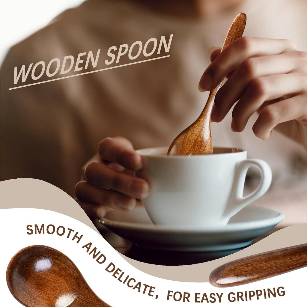 6 PCS Wooden Spoons for Honey  6.7 inch Small Wooden Spoons - Terrific for Tea  Coffee & Soup  Little Wood Serving Table Spoon Set  Bulk Bamboo Teaspoon for Eating with Unique Design