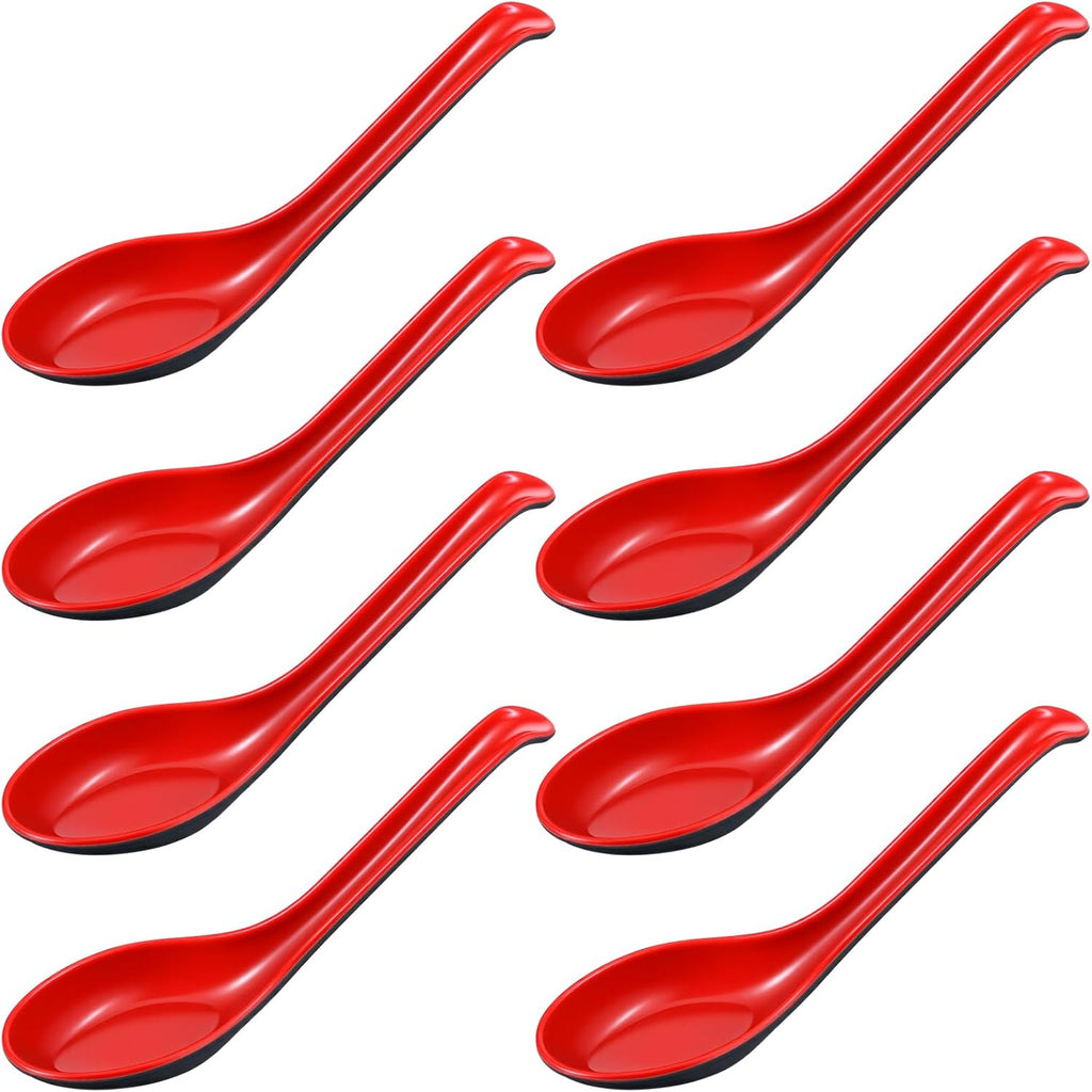 8PCS Asian Soup Spoons with Hook  6.7in Red and Black Chinese Soup Spoons Japanese Ramen Spoon Chinese Wonton Soba Melamine Rice Pho Ramen Noodle Spoon
