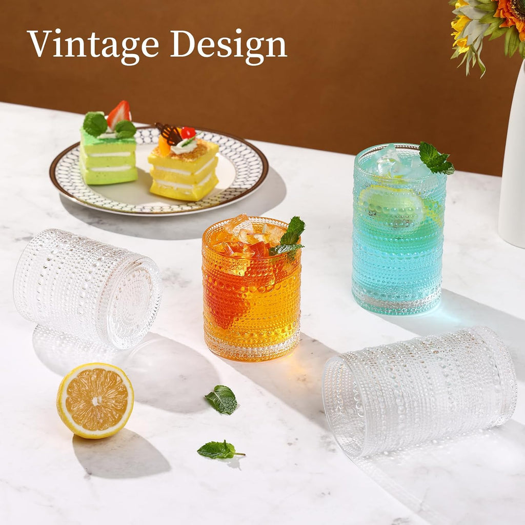 Moretoes Hobnail Drinking Glasses Set of 12  12 Oz Highball Glasses & 10 Oz Cocktail Glasses  Clear Embossed Boho Glass Cups Kitchen Bar Tumbler Glassware Set for Whiskey  Beer  Juice  Milk