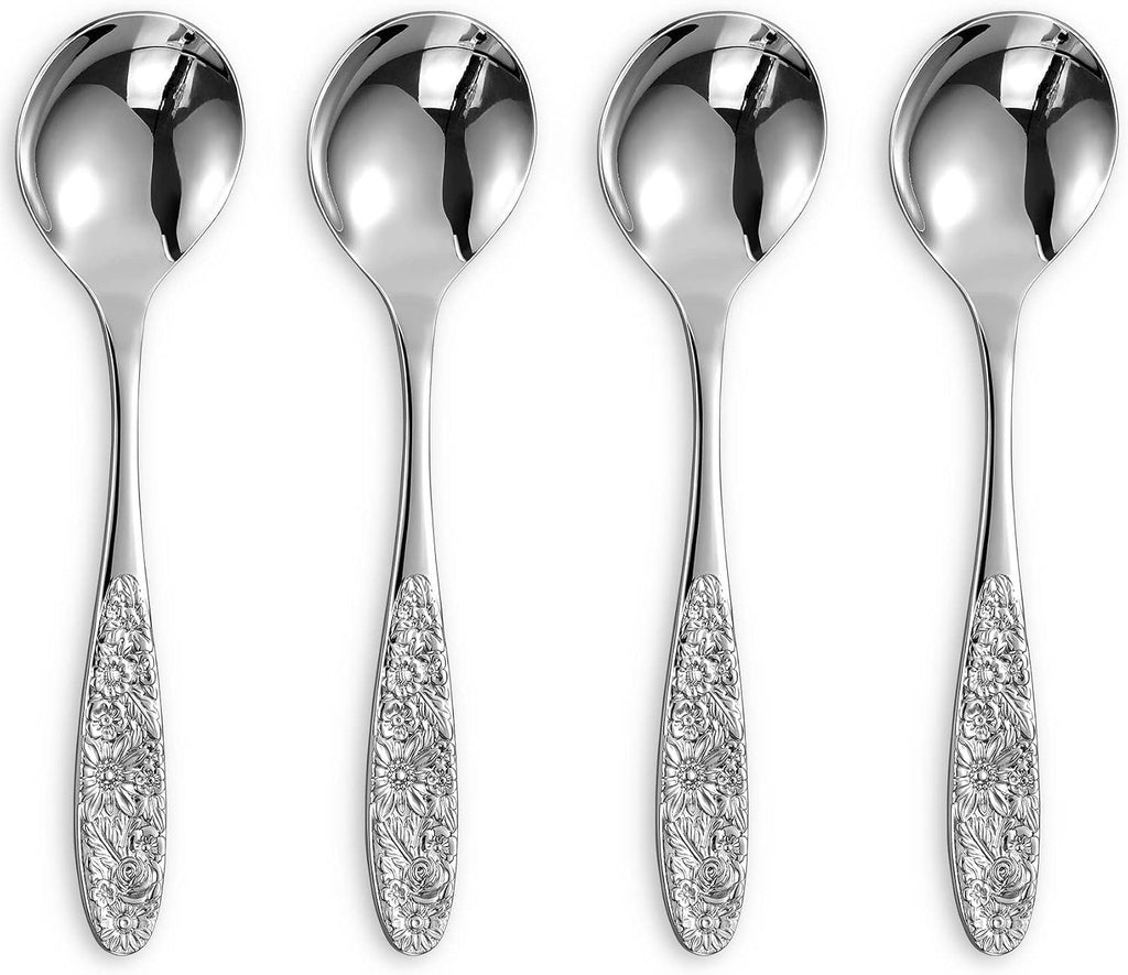 KEAWELL Sunflower Soup Spoon  Set of 4  18/10 Stainless Steel  Bouillon Spoon  Dishwasher Safe  Fine Mirror Polished