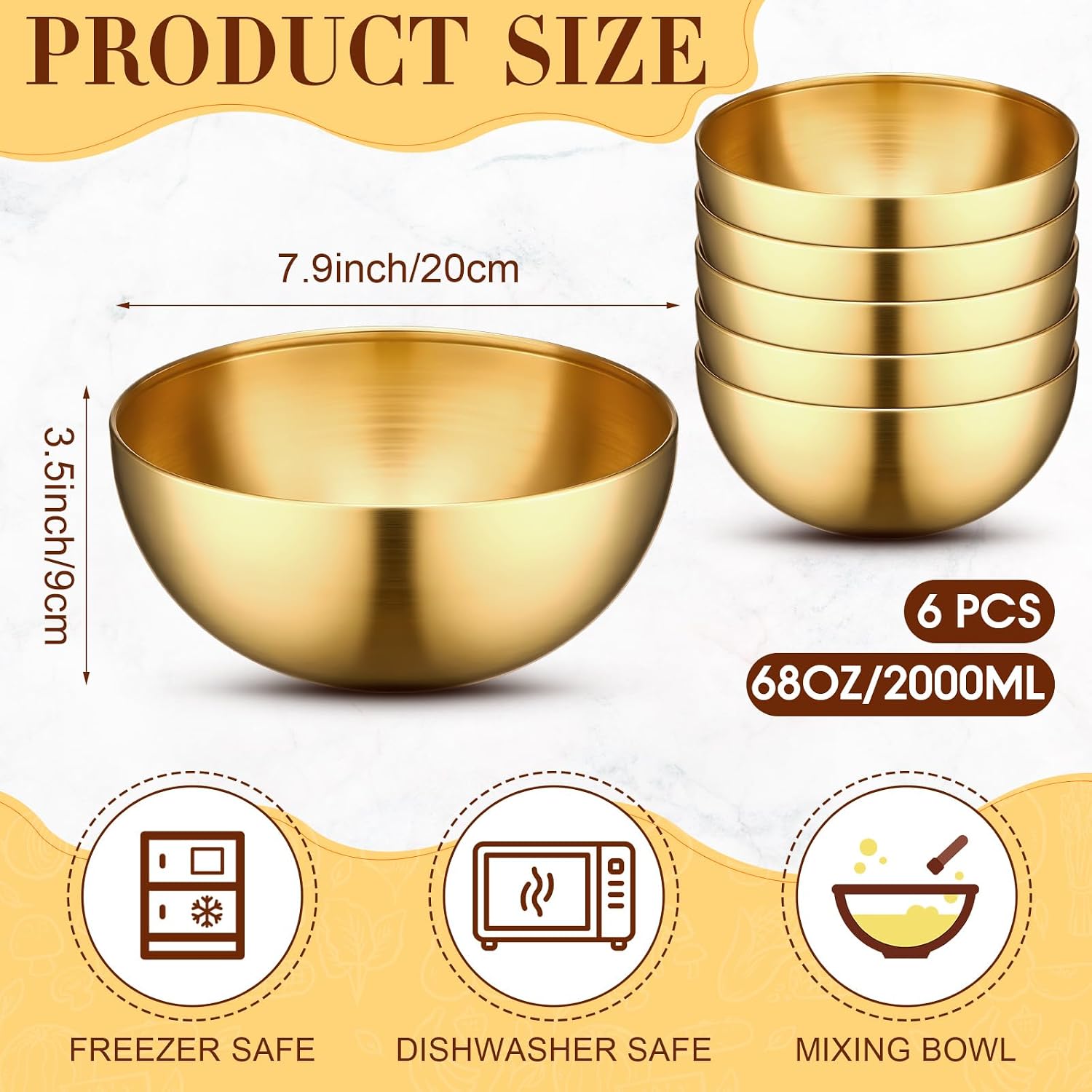 Nuogo 6 Pcs Gold Mixing Bowls Stainless Steel Mixing Bowl Decorative Gold Esthetician Bowls Metal Serving Bowl for Facial Cereal Rice Noddle Fruit Kitchen Party Cooking Baking Prepping(7.9 Inches)