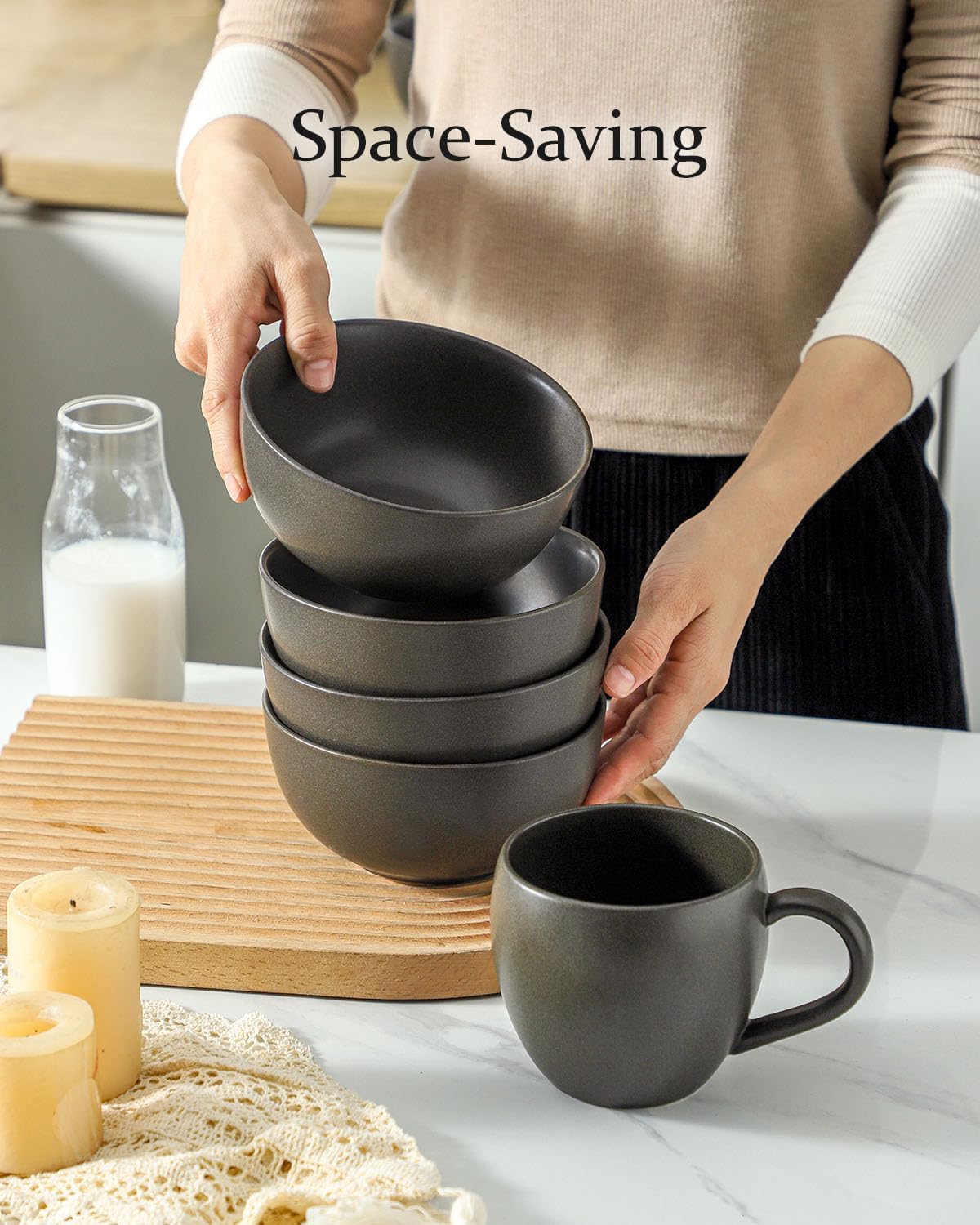Cereal Bowls  24 oz Soup Bowls Set of 4  Ceramic Bowls Set for Salad  Fruit  Breakfast  Dessert  Stoneware Bowls for Kitchen  Dishwasher & Microwave Safe  Matte Black