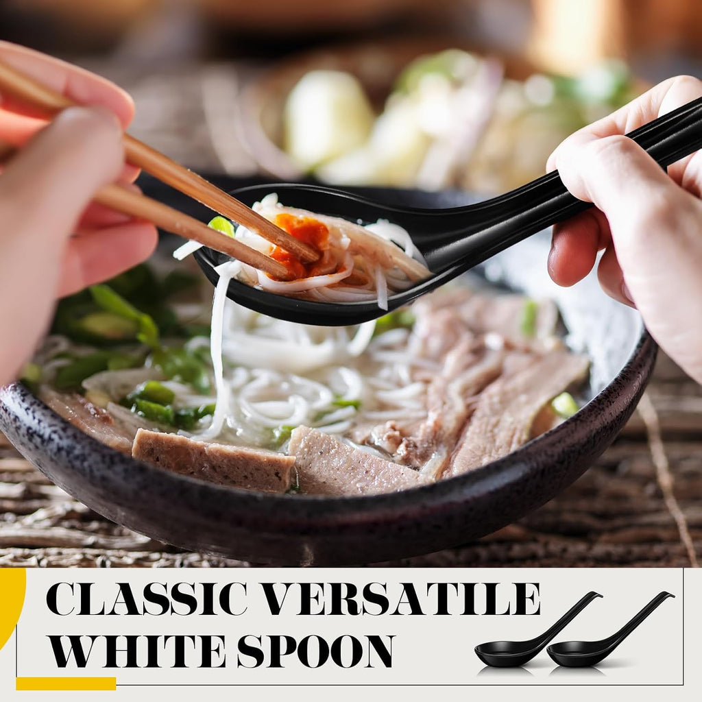 Hushee 100 Pcs Asian Soup Spoon Large Chinese Noodle Ramen Reusable Japanese Wonton Rice Dumpling Pho Spoon Bulk with Hook for Home Restaurant Kitchen (Black)