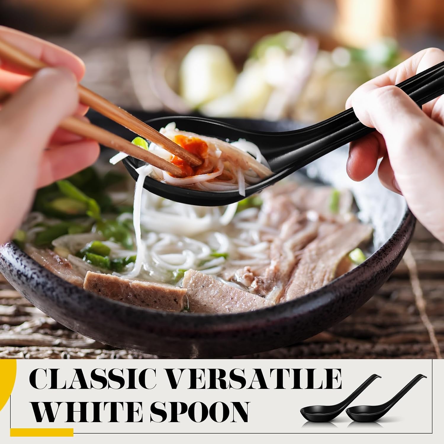 Hushee 100 Pcs Asian Soup Spoon Large Chinese Noodle Ramen Reusable Japanese Wonton Rice Dumpling Pho Spoon Bulk with Hook for Home Restaurant Kitchen (Black)