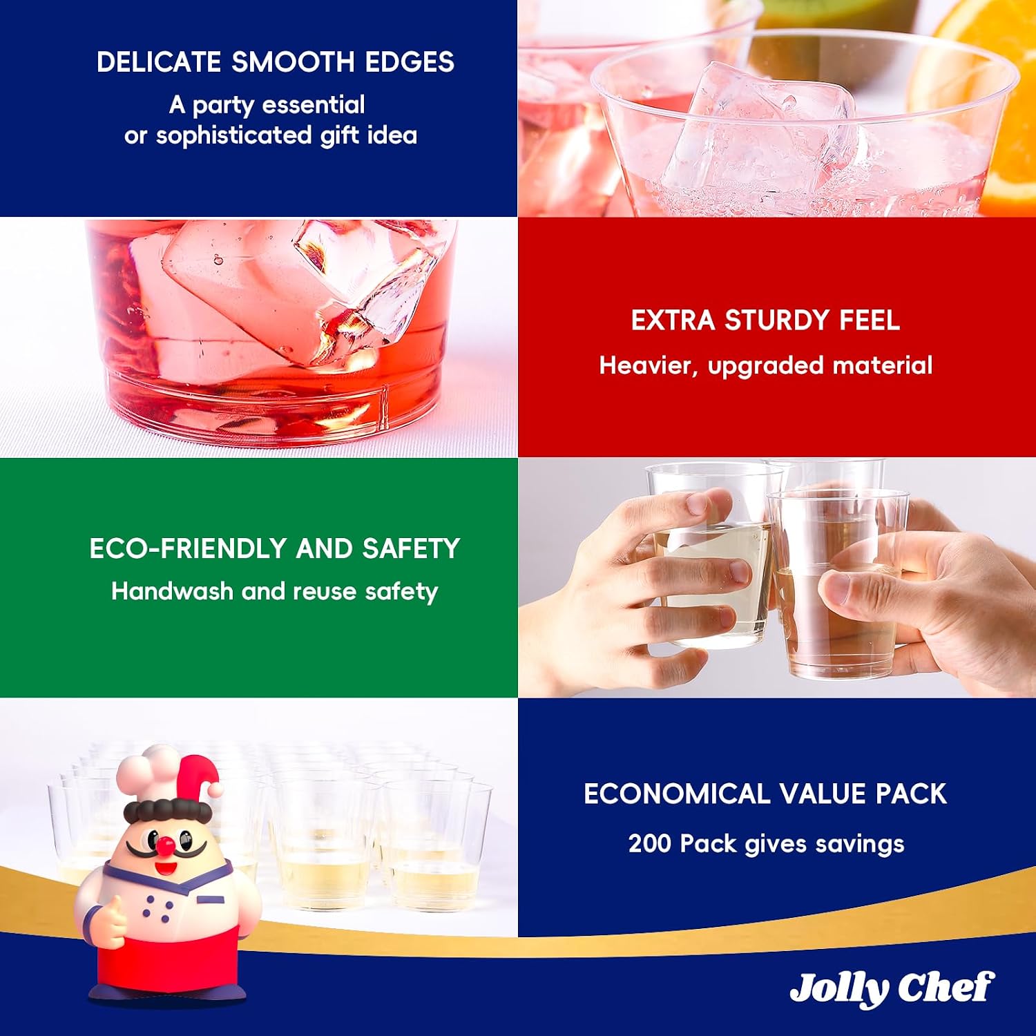 JOLLY CHEF 14 oz Clear Plastic Cups  200 Pack Heavy-duty Party Glasses  Disposable plastic cups for wedding Cocktails Tumblers  Ideal for Wedding & Party