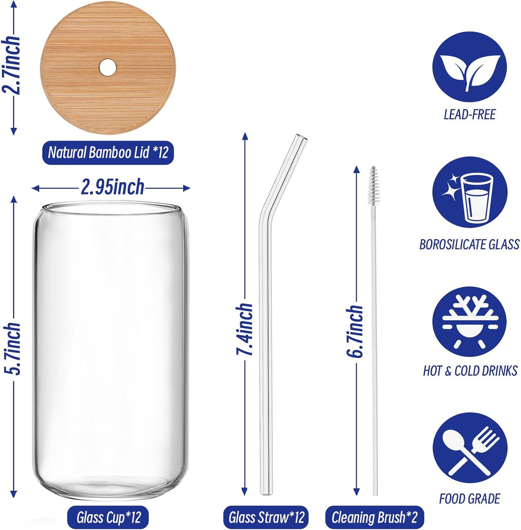 12Pcs Glass Cups with Lids and Straws - 16oz Can Shaped Drinking Glasses Set  Iced Coffee Cup  Beer Glasses Tumbler for Juice  Soda  Smoothie  Boba Tea  Whiskey  Cocktail Include 2 Cleaning Brushes