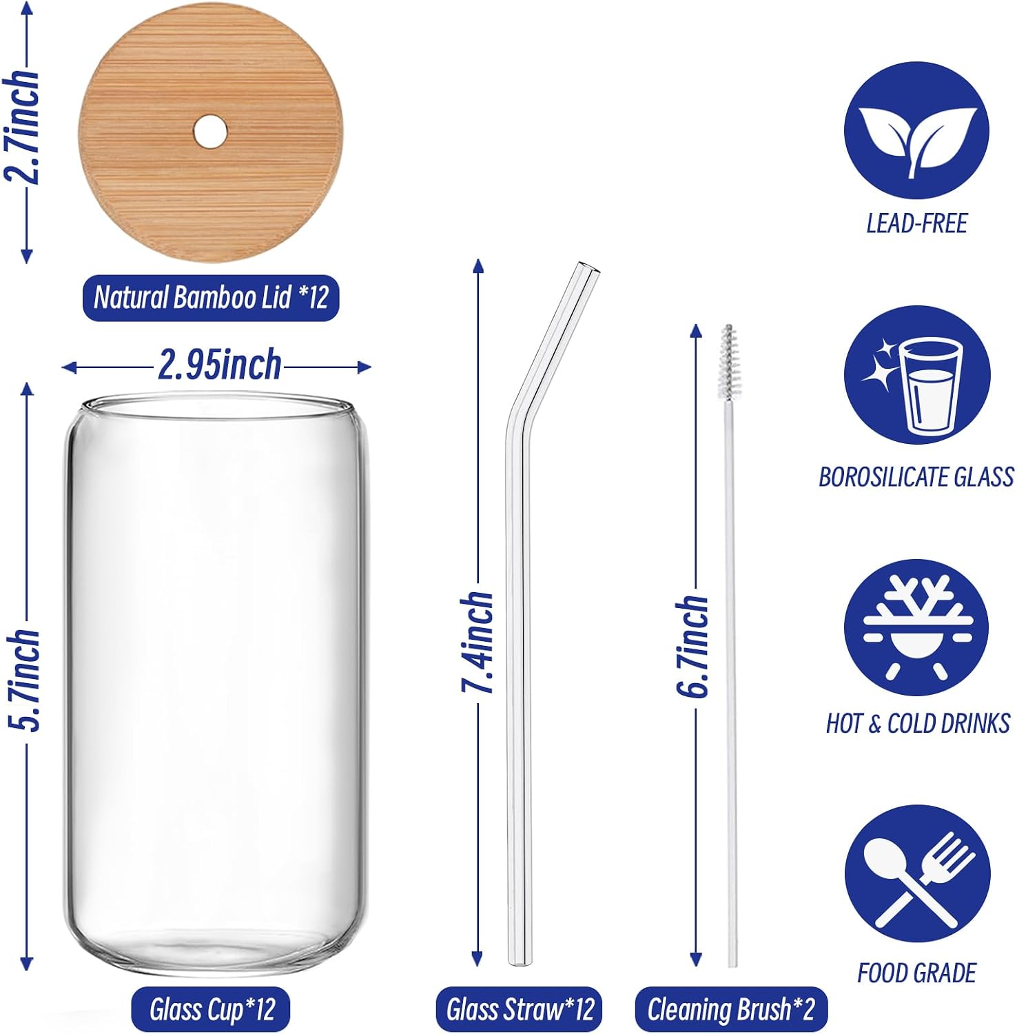 12Pcs Glass Cups with Lids and Straws - 16oz Can Shaped Drinking Glasses Set  Iced Coffee Cup  Beer Glasses Tumbler for Juice  Soda  Smoothie  Boba Tea  Whiskey  Cocktail Include 2 Cleaning Brushes