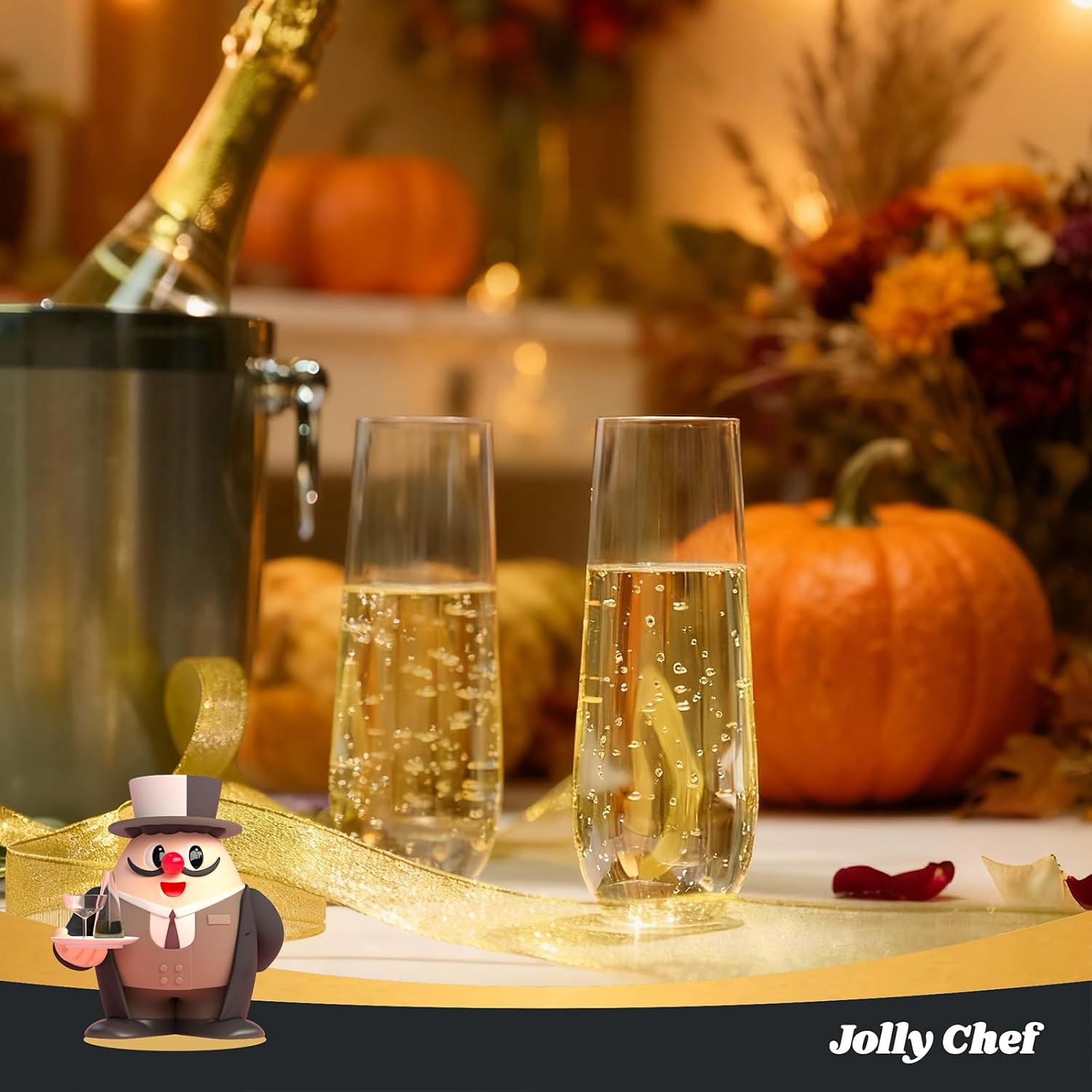 JOLLY CHEF 36 Pack Stemless Plastic Champagne Flutes 9 oz  Crystal Clear Stemless Plastic Toasting Glasses  Clear Disposable Unbreakable Drinkware Ideal for Wedding  Birthday  Party  Thanksgiving
