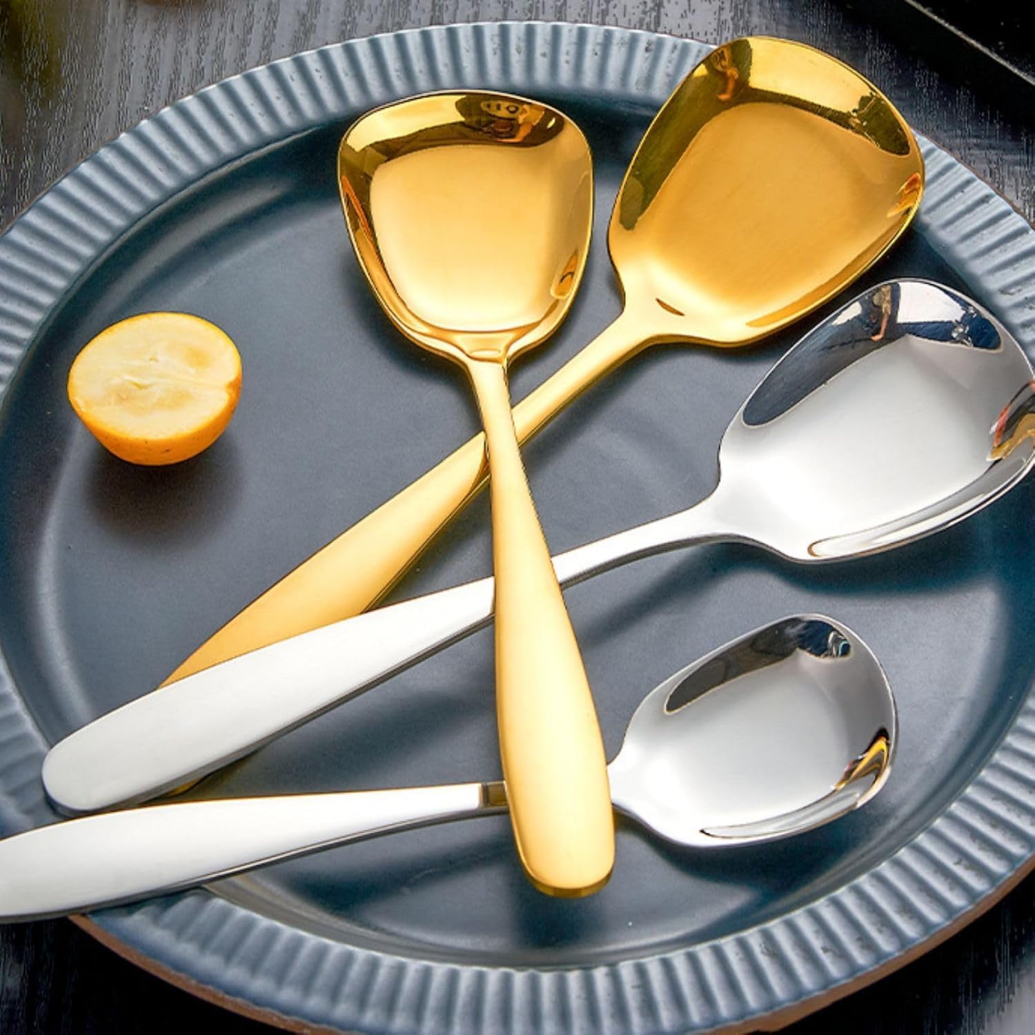 MIUPOO Square Head Spoons  Korean style Square Spoon Thick Heavy Stainless Steel Soup Table Spoons Dinner Flat Square Spoon 7 Inches/18.5 cm Set of 4 Gold