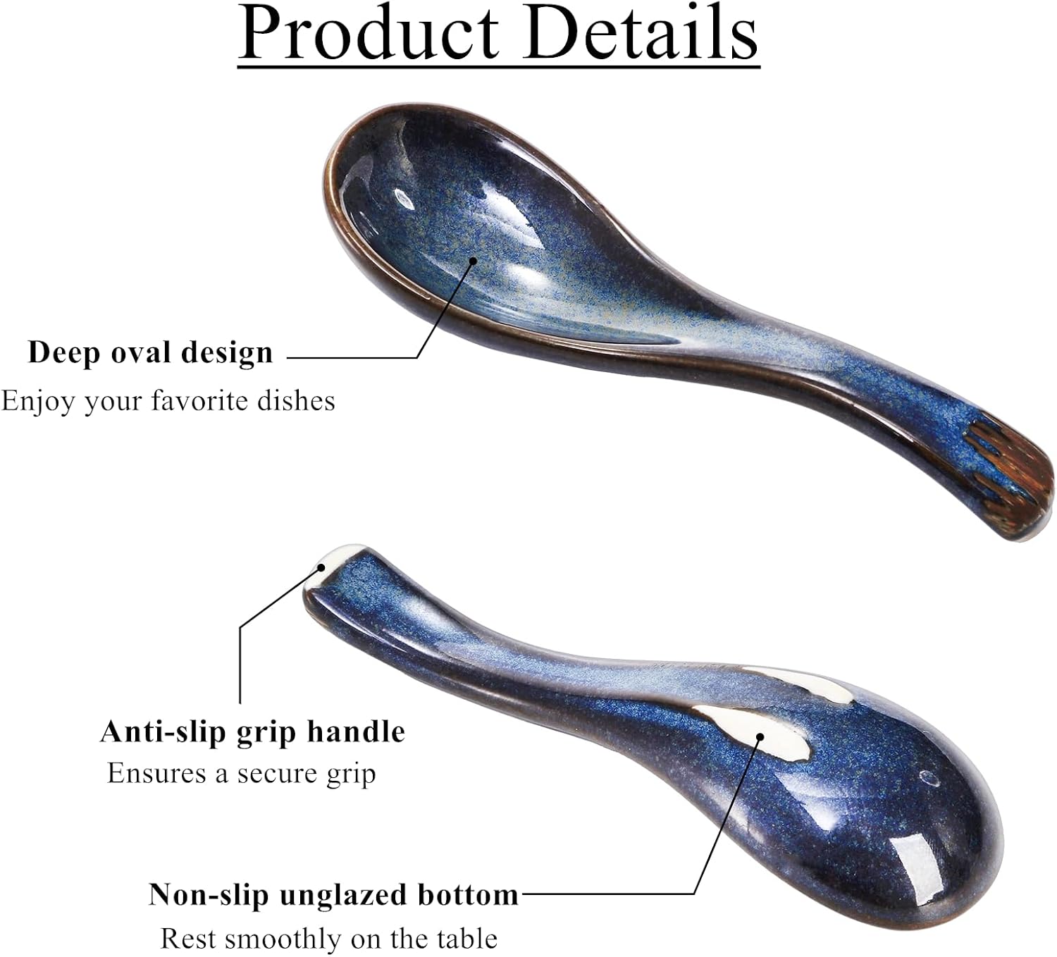 Set of 8 Asian Soup Spoon Ceramic  Blue Chinese Soup Spoons with Non-Slip Bottom  Retro Porcelain Japanese Pho Spoons for Ramen  Wonton  Noodle  Miso  Dumpling  Dishwasher Safe  5.2" L