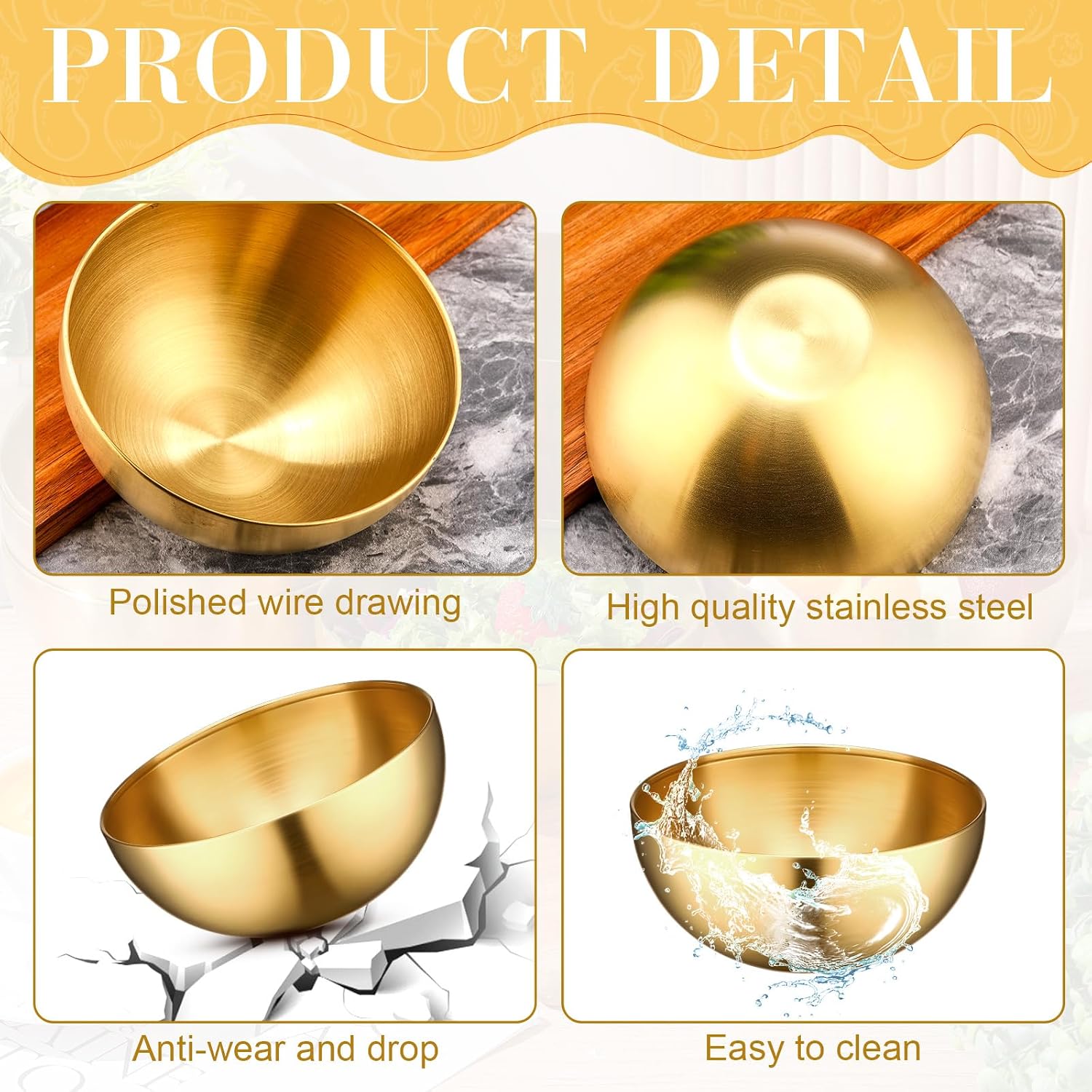 Nuogo 10 Pcs Gold Bowls 5.9 Inch Stainless Steel Mixing Bowls Decorative Esthetician Bowl for Facial Metal Serving Bowl for Holiday Birthday Party Wedding Baking Prepping Salad Fruit Soup