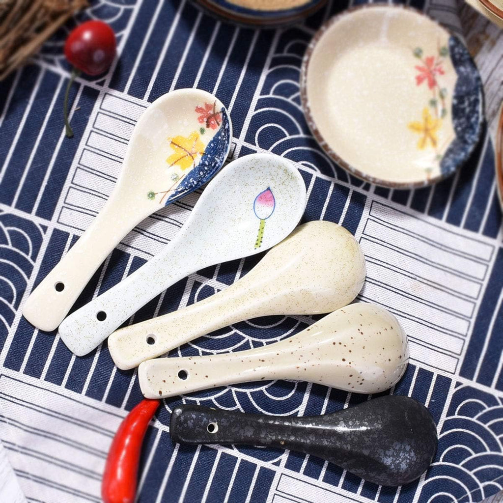 Japanese Soup Spoons Set of 5  Delicate Asian Ceramic Ramen Spoon Suitable for Gravy Cake Pho Oatmeal Chaos Dumplings Salad As A Good Tableware