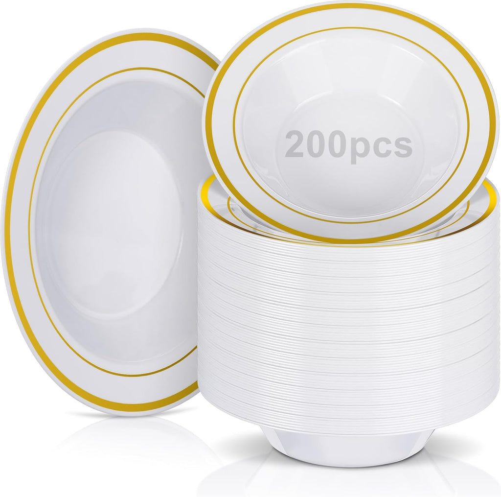 Jinei 200 Pieces 6 oz Plastic Bowls with Rim Small Disposable Soup Bowls for Dessert Salad Soup Candy Wedding Thanksgiving Catering Holidays Party Supplies (White Gold Rim)